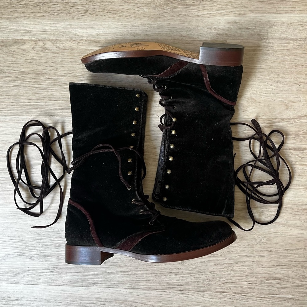 John Galliano Velvet Lace Up Boots - Brown - Size 38